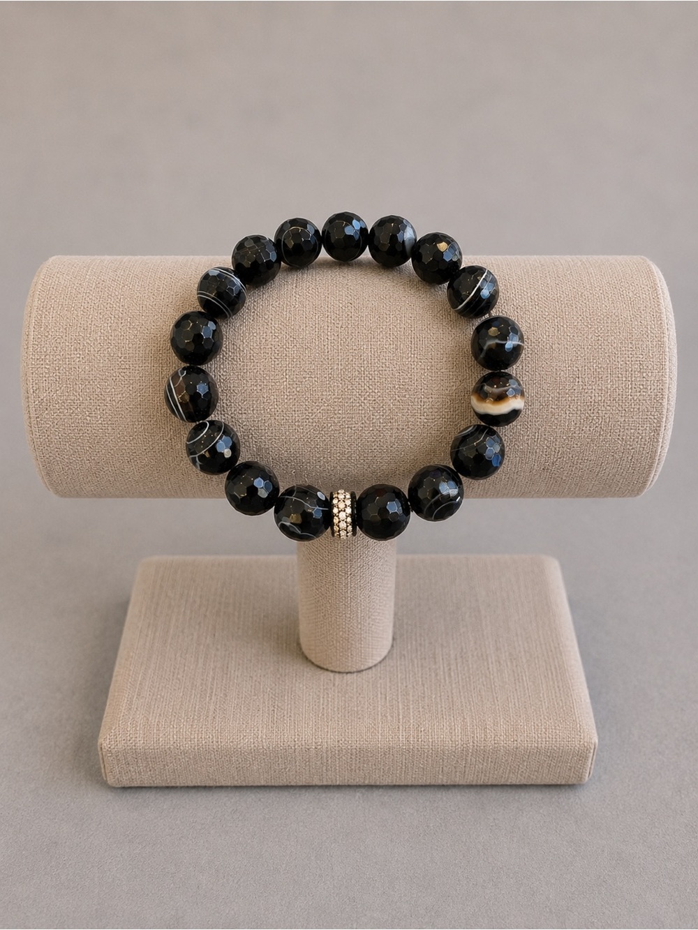 Black Faceted Agate Beaded Stretch Bracelet with Silver Accent